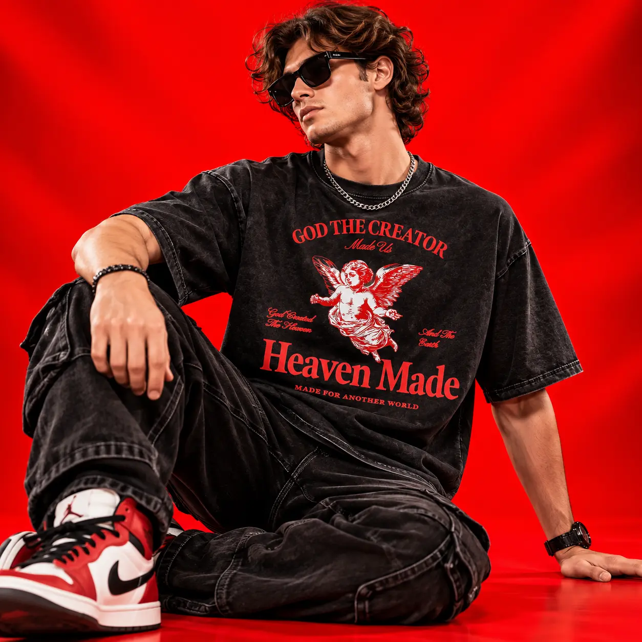 God The Creator Heaven Made Acid-Wash Oversized Black Graphic T-Shirt