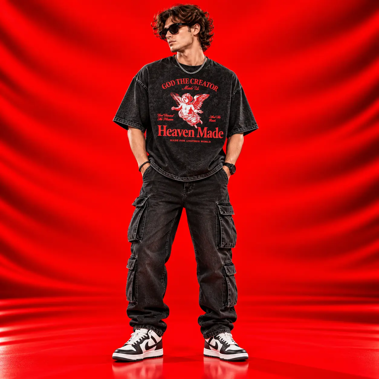 God The Creator Heaven Made Acid-Wash Oversized Black Graphic T-Shirt
