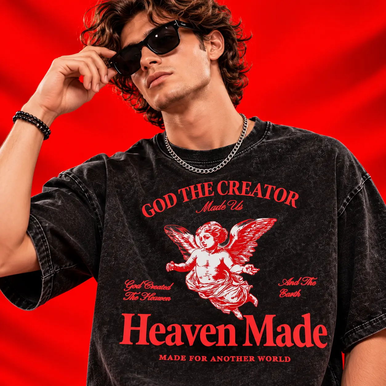 God The Creator Heaven Made Acid-Wash Oversized Black Graphic T-Shirt