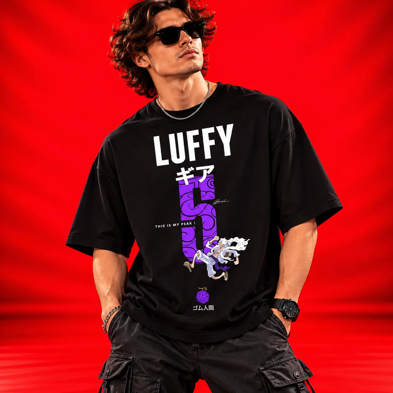 Luffy Gear 5 Peak Purple Graphic Oversized Black T-Shirt