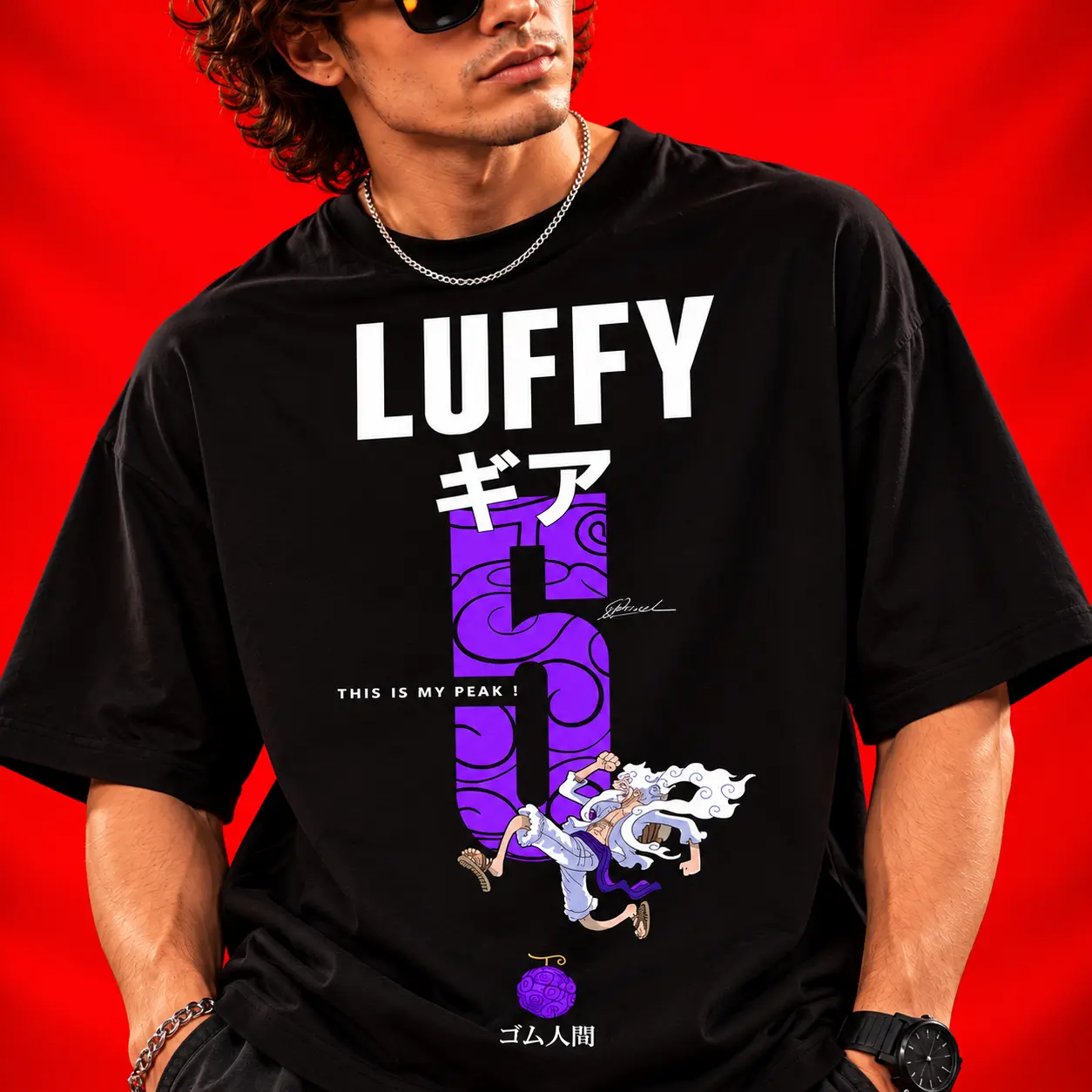 Luffy Gear 5 Peak Purple Graphic Oversized Black T-Shirt