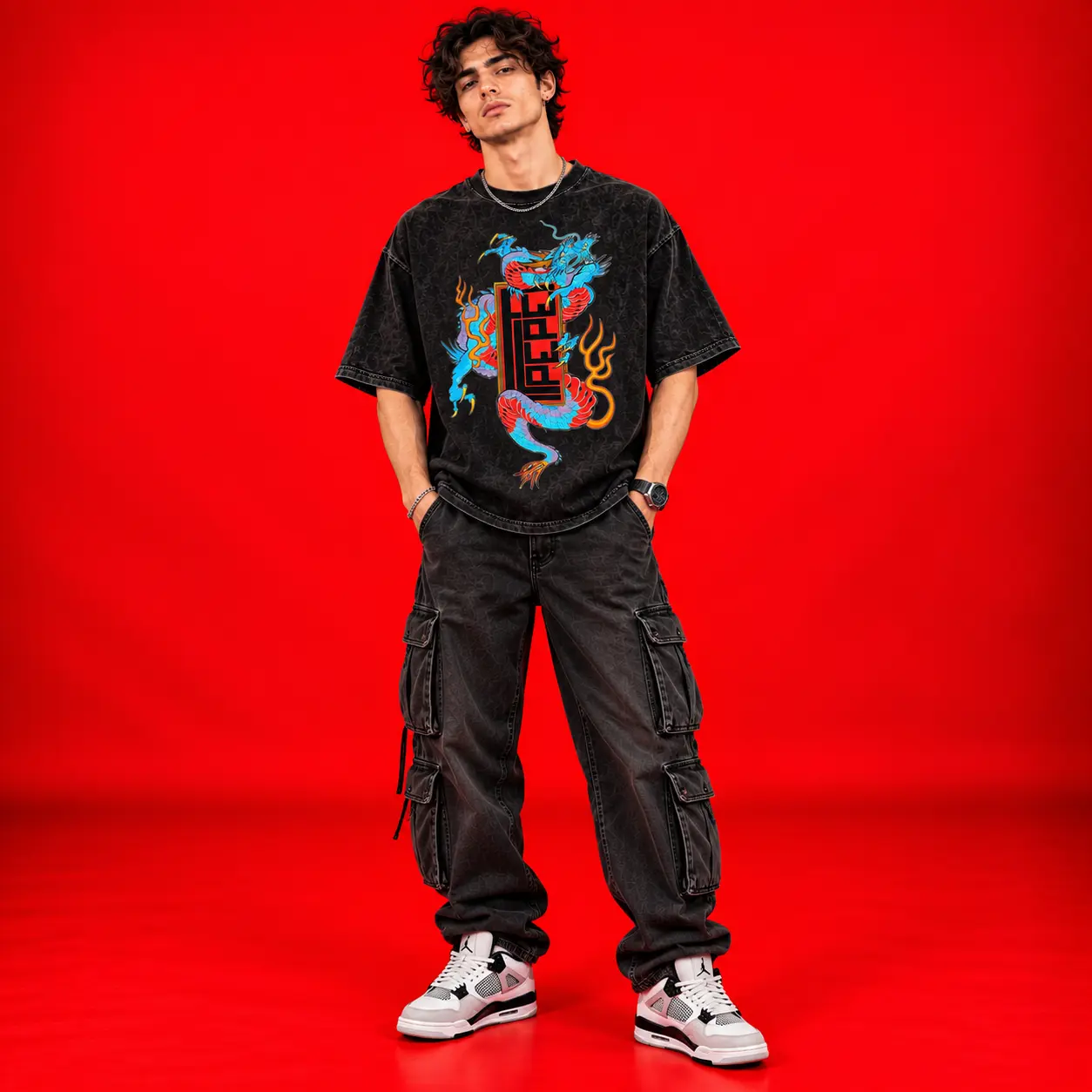 Dragon Dope Acid-Wash Black Oversized Graphic T-Shirt
