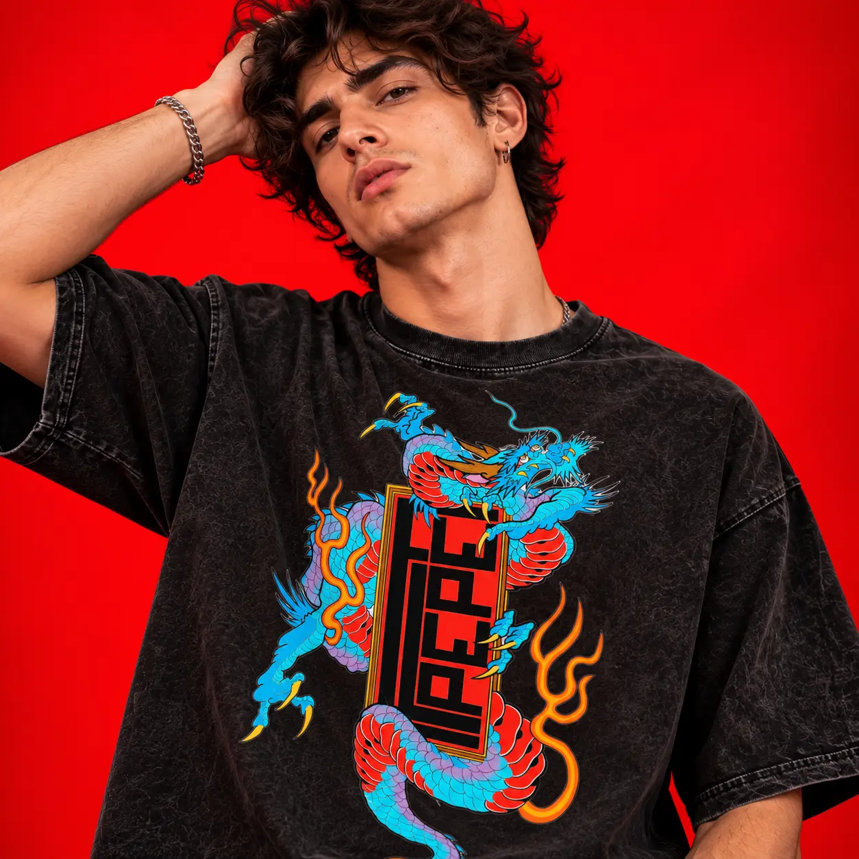 Dragon Dope Acid-Wash Black Oversized Graphic T-Shirt