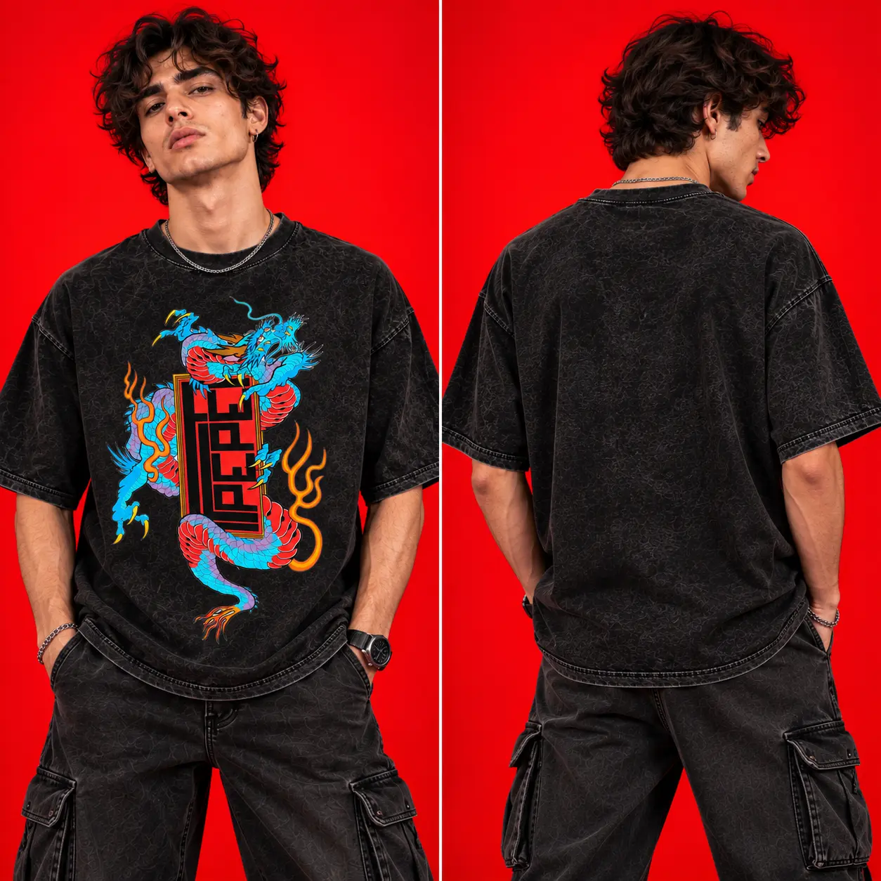 Dragon Dope Acid-Wash Black Oversized Graphic T-Shirt