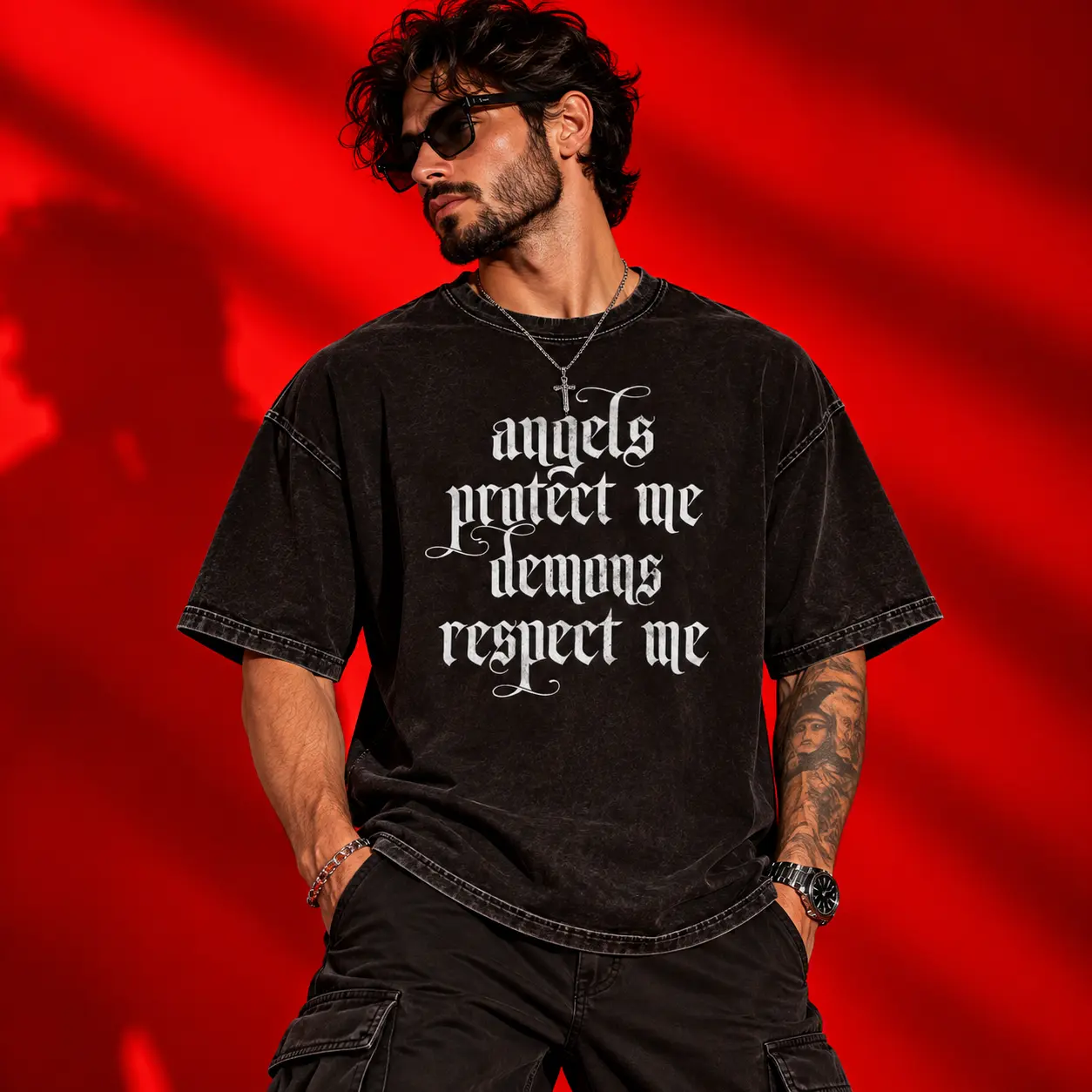 AMIRI Cherub Oversized Acid-Wash Black T-Shirt | Gothic Luxury Graphic Tee