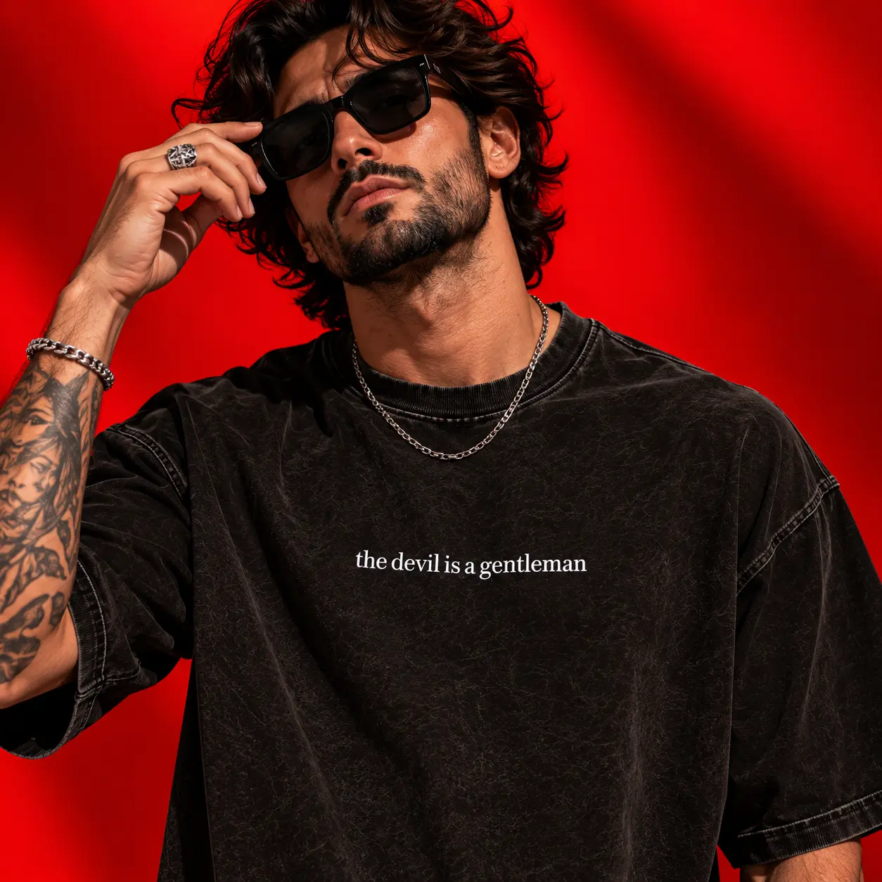 Plain The Devil Is a Gentleman Oversized Acid-Wash Black T-Shirt