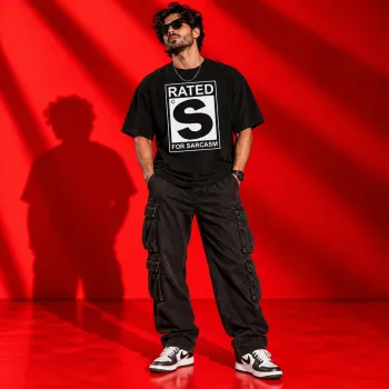 Rated S for Sarcasm Oversized Black T-Shirt | Bold Graphic Streetwear Tee