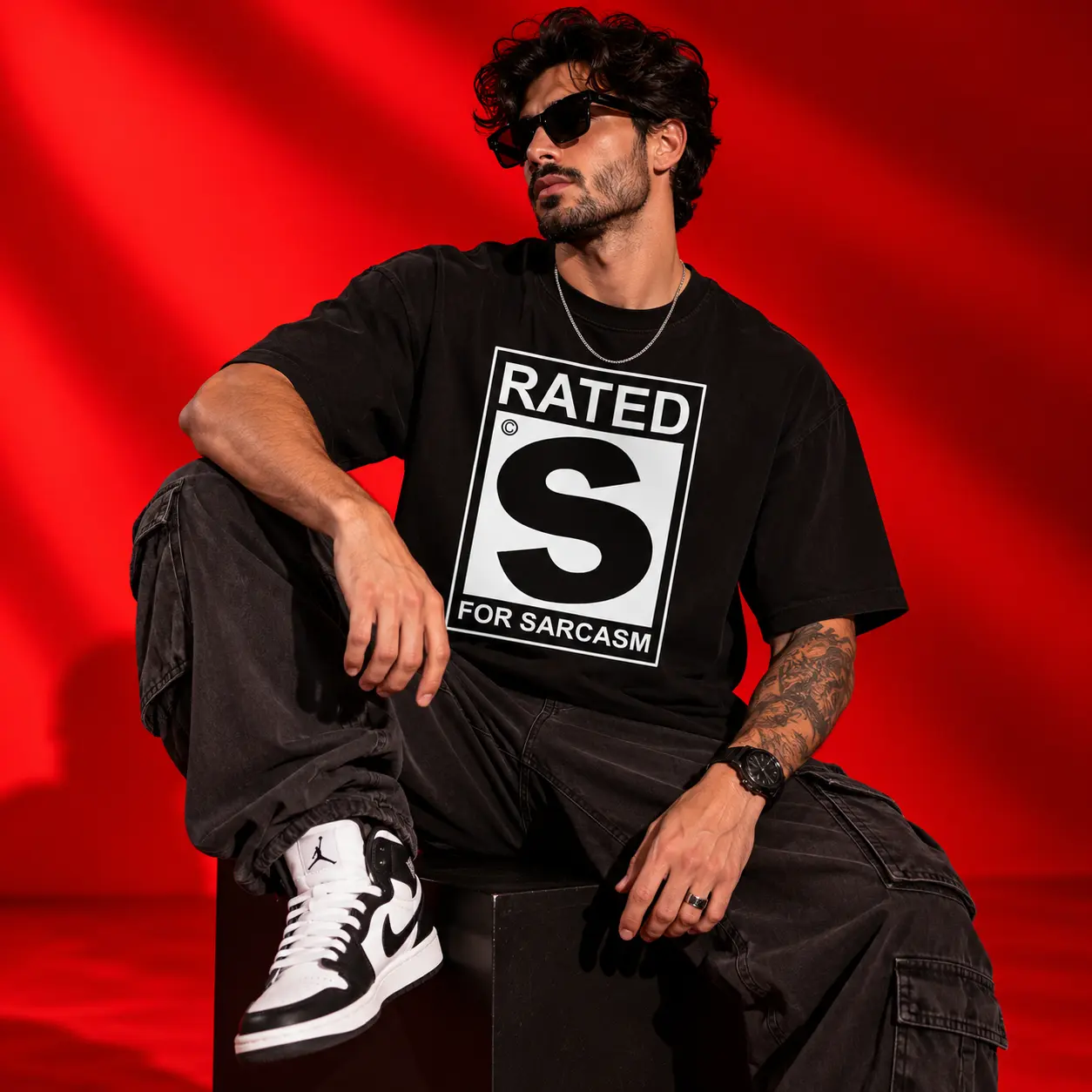 Rated S for Sarcasm Oversized Black T-Shirt | Bold Graphic Streetwear Tee
