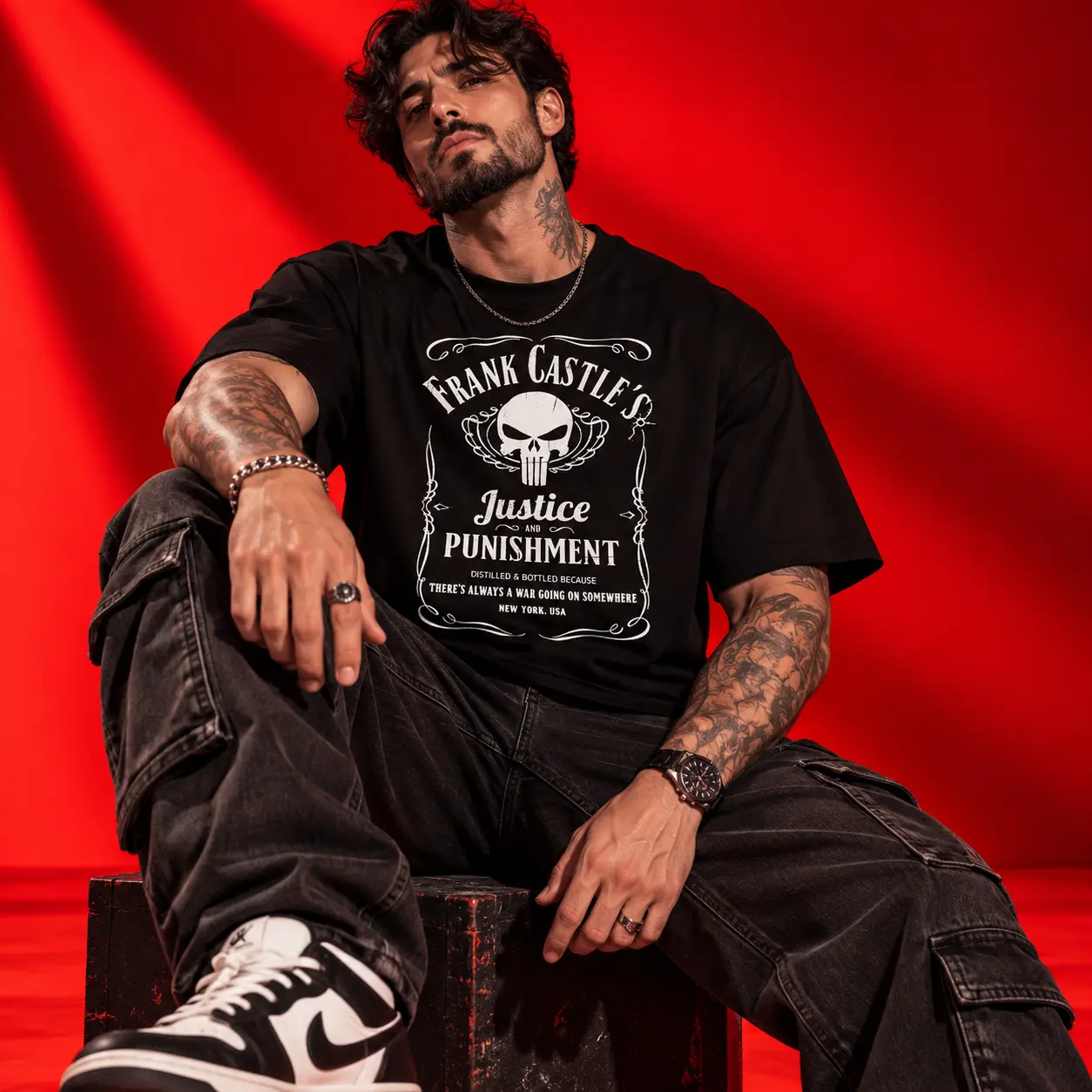 Frank Castle's Justice and Punishment Oversized Black T-Shirt | Skull Graphic Streetwear Tee