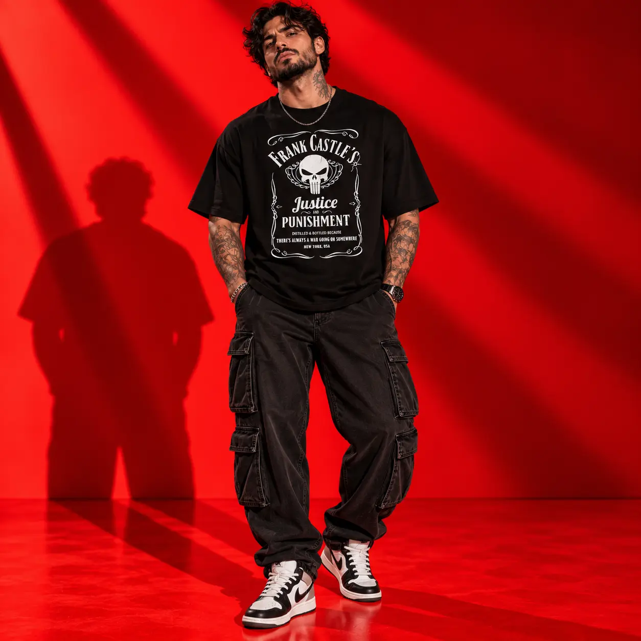 Frank Castle's Justice and Punishment Oversized Black T-Shirt | Skull Graphic Streetwear Tee