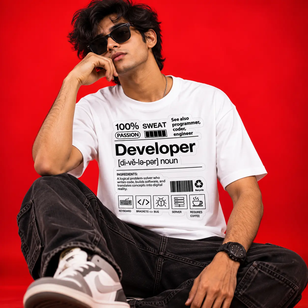 100% Sweat Developer Oversized White Graphic T-Shirt