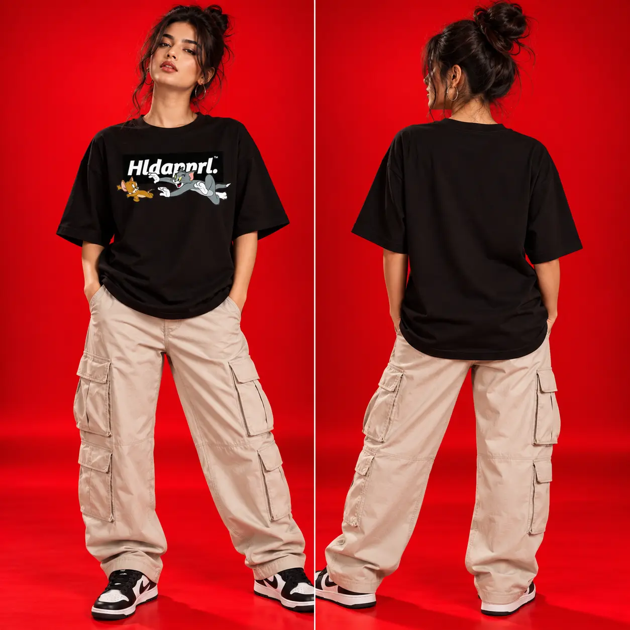 Hldapnrl. Black Oversized Cartoon Graphic T-Shirt