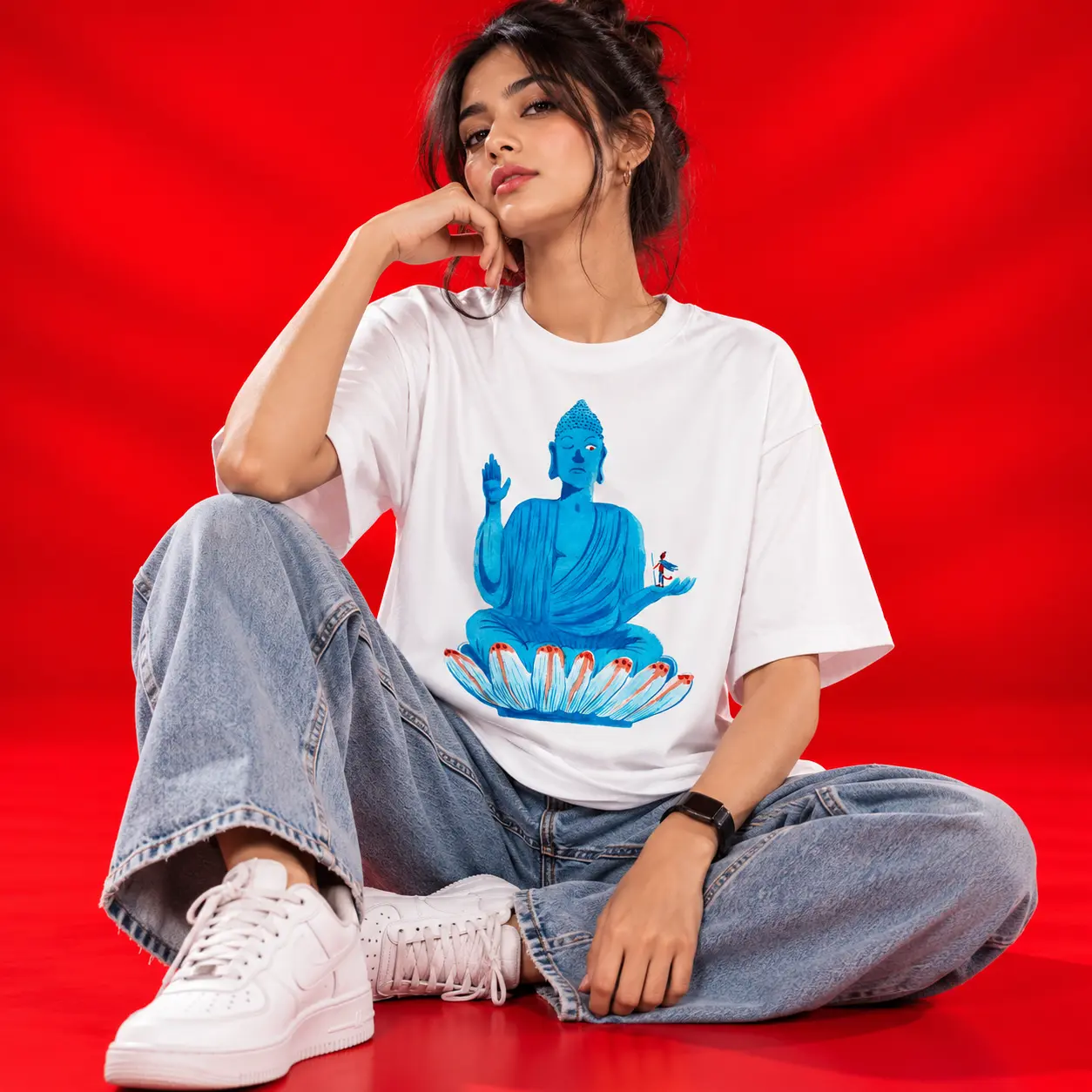 Blue Buddha Lotus White Oversized Graphic T-Shirt