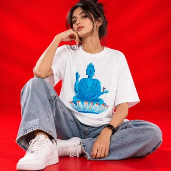 Blue Buddha Lotus White Oversized Graphic T-Shirt