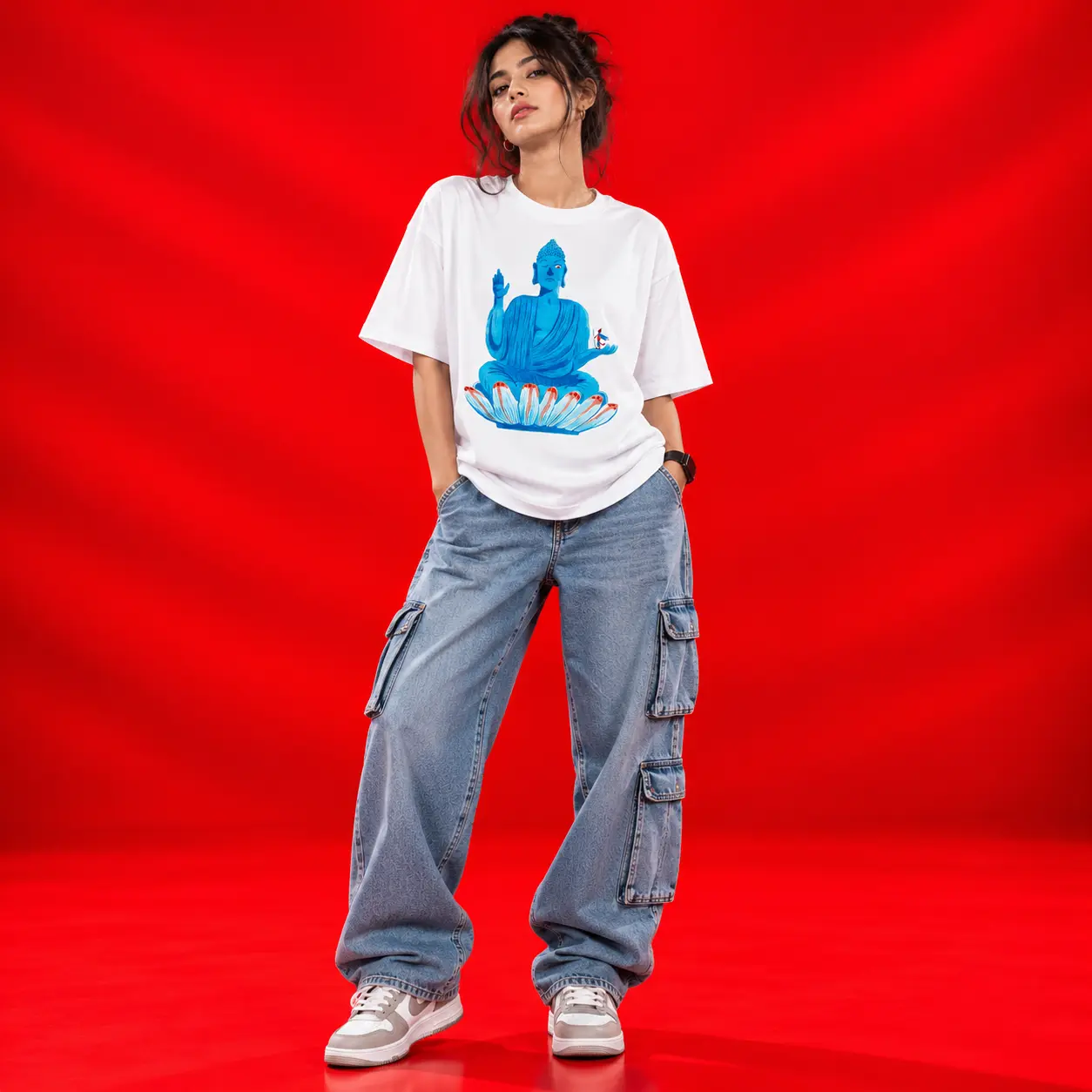 Blue Buddha Lotus White Oversized Graphic T-Shirt