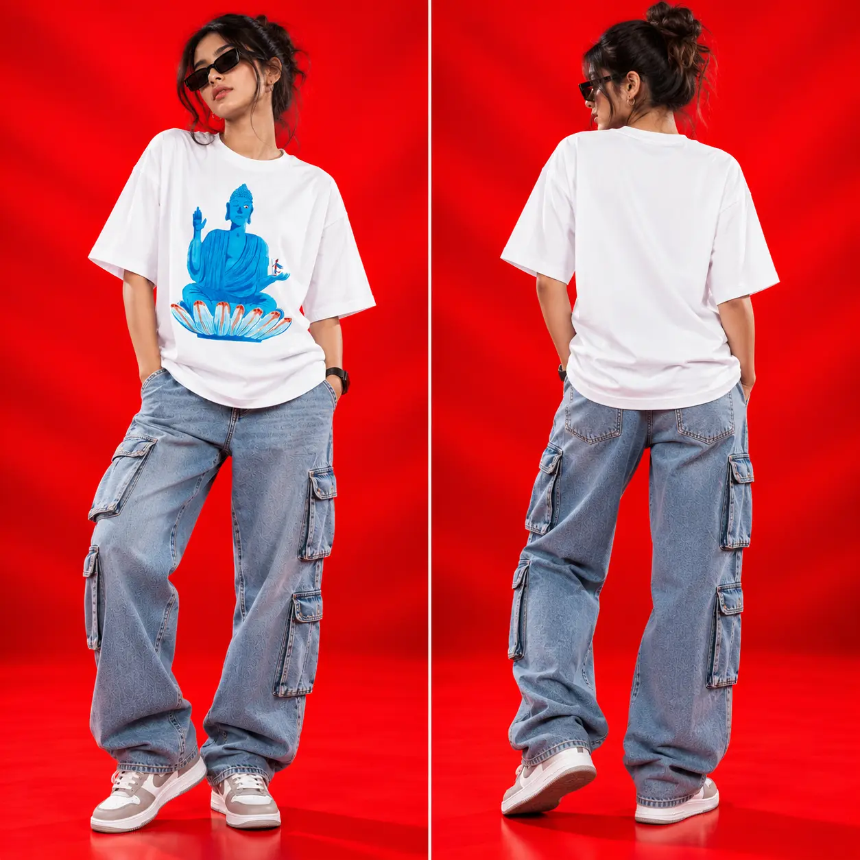Blue Buddha Lotus White Oversized Graphic T-Shirt