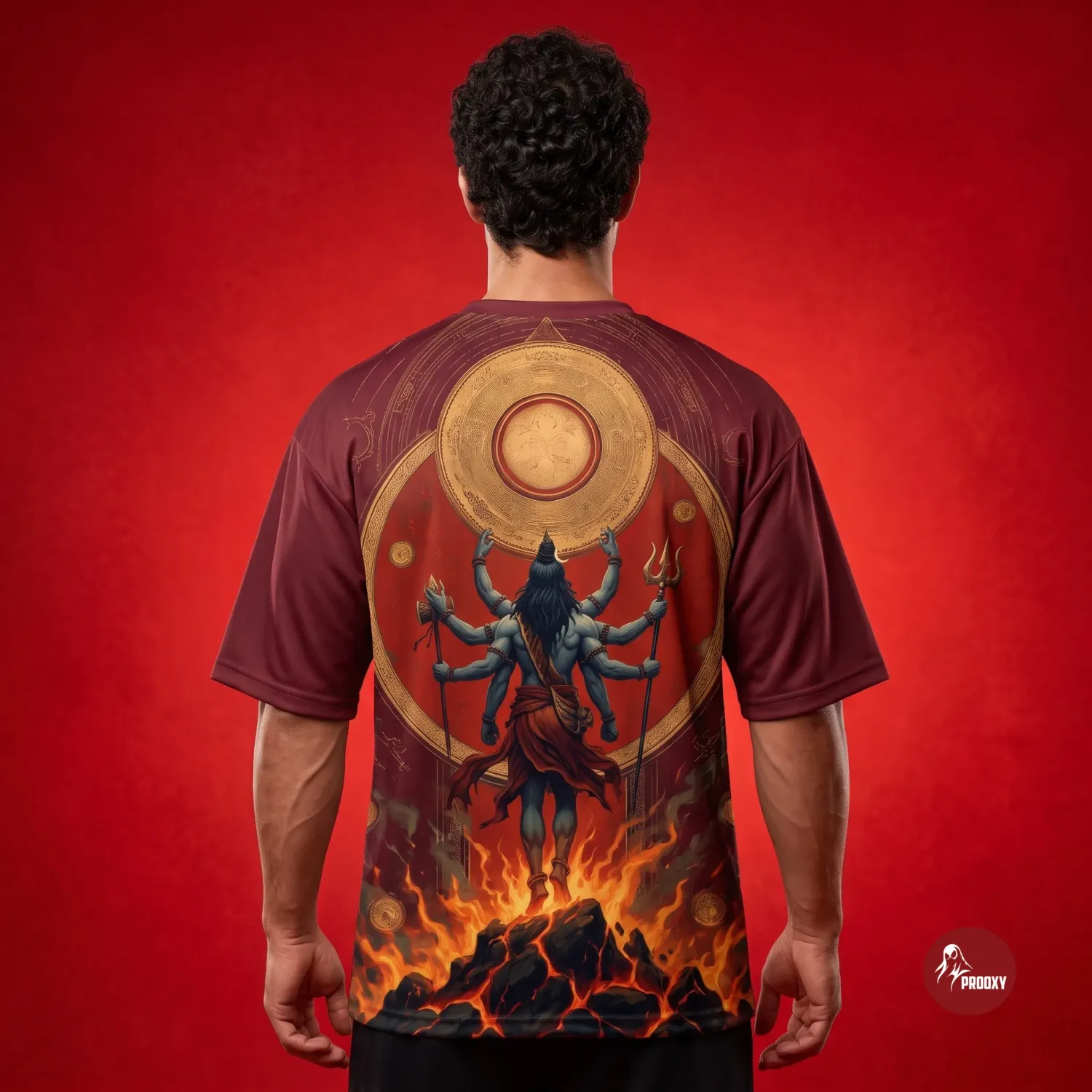 Rudra Tandav Divine Fury Graphic Oversized T-Shirt – Crimson Maroon