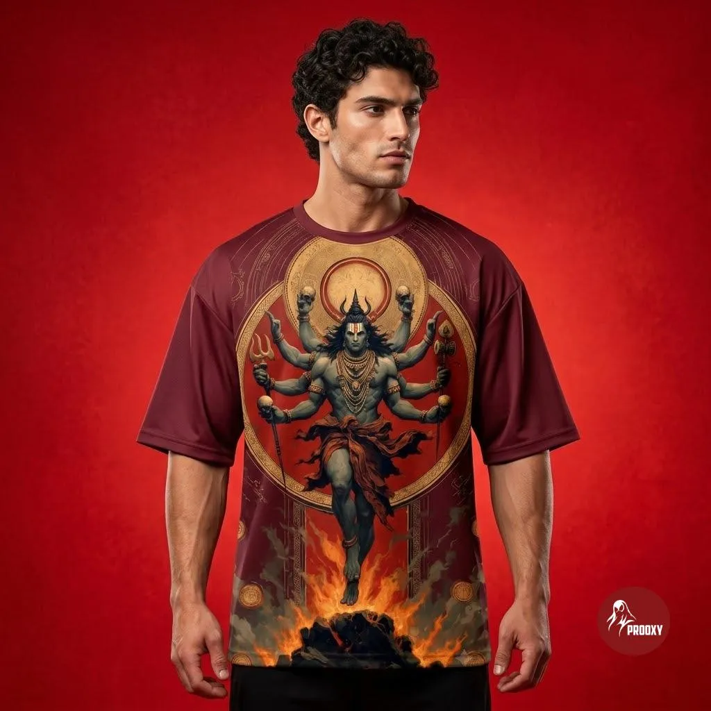Rudra Tandav Divine Fury Graphic Oversized T-Shirt – Crimson Maroon