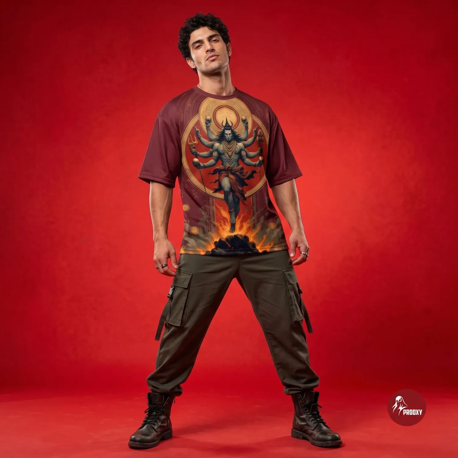 Rudra Tandav Divine Fury Graphic Oversized T-Shirt – Crimson Maroon