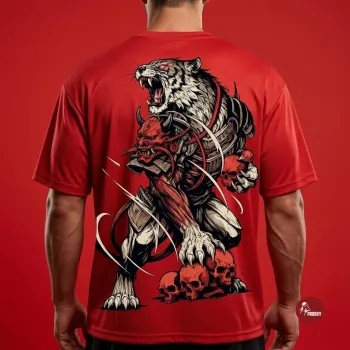 Bushido Beast Unleashed: Samurai White Tiger Graphic Tee – Bright Red