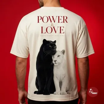 Power & Love Panther & White Lion Back Print Off-White Tee