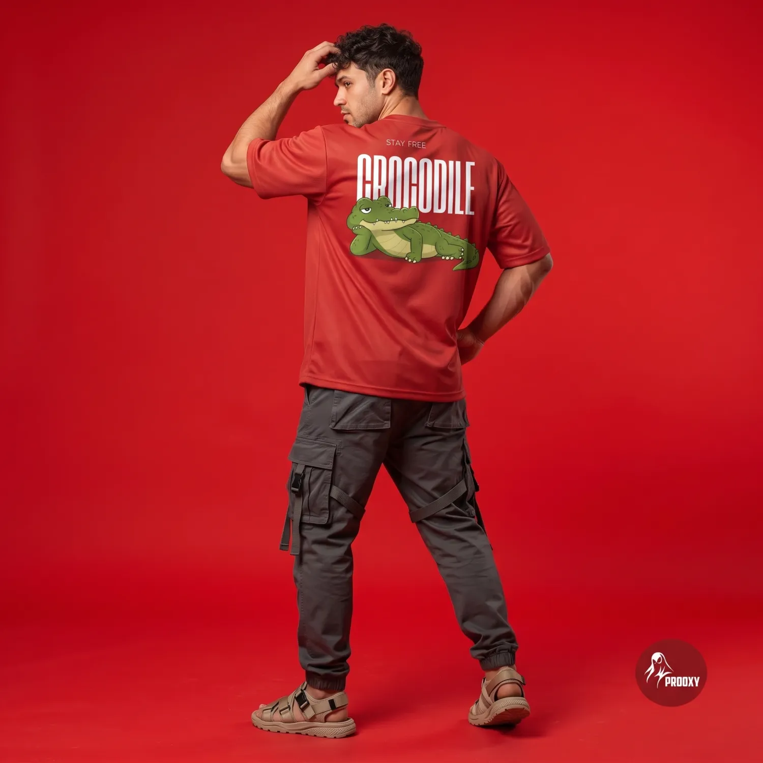 Stay Free Crocodile Red Oversized Mesh Tee with Detailed Back Art