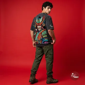 Bushido's Embrace Dark Acid-Wash Samurai Oni Graphic T-Shirt