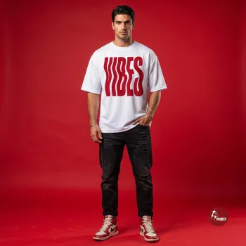 Retro Wavy VIBES Over-Size Streetwear Tee - White & Red