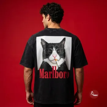 Marlboro Cat - Vintage Acid Wash Oversized Tee Retro Cool