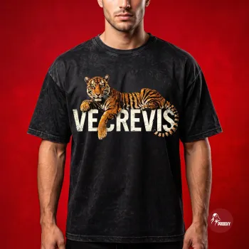 VE CREVIS Tiger Graphic T-Shirt - Black Acid Wash Oversized Streetwear