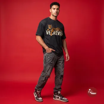 VE CREVIS Tiger Graphic T-Shirt - Black Acid Wash Oversized Streetwear