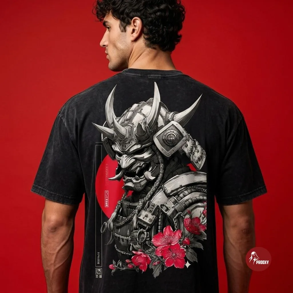 Samurai Cybernetic-Oni Acid Wash Oversized T-Shirt (Black Wash)