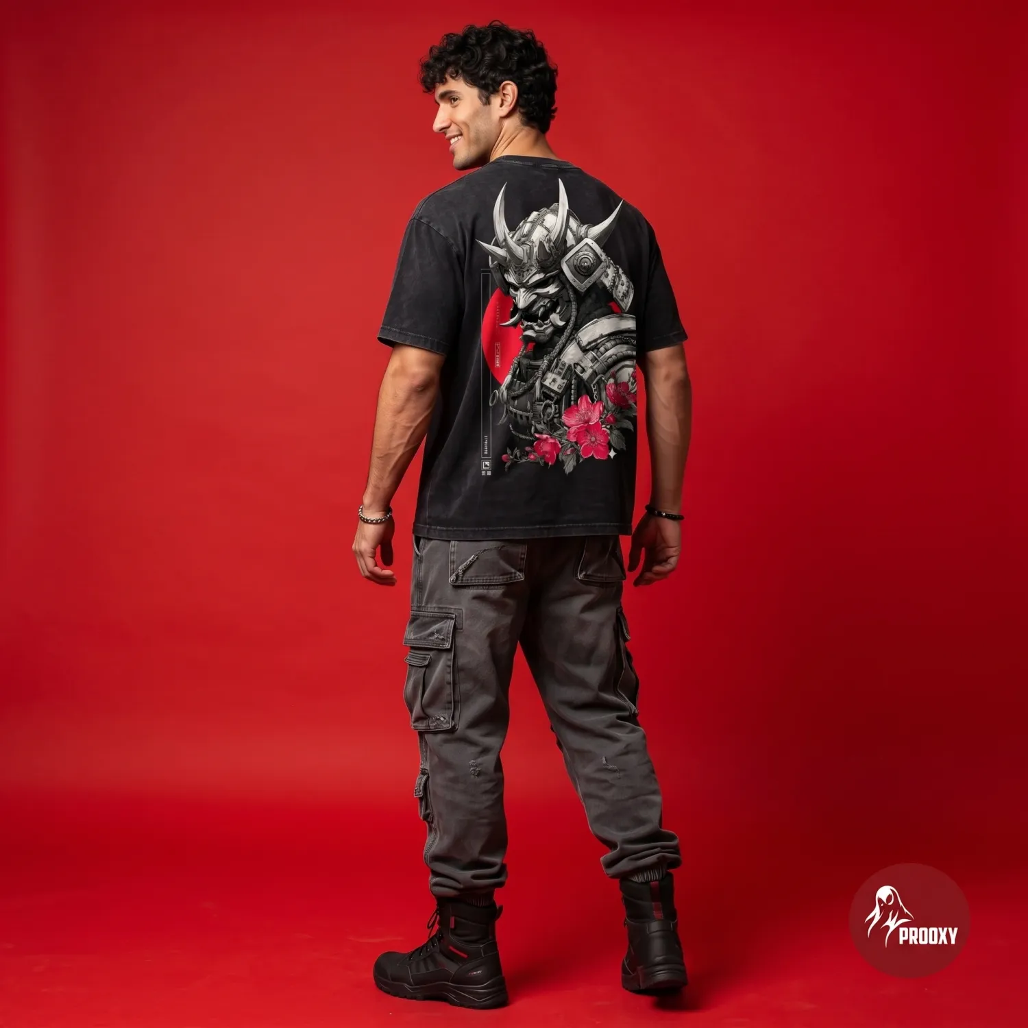 Samurai Cybernetic-Oni Acid Wash Oversized T-Shirt (Black Wash)
