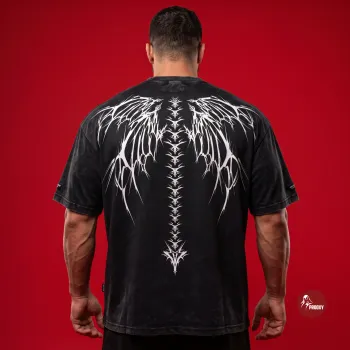 Spinal Wings Cyber Sigilism Acid Wash Oversized T-Shirt Vintage Washed Black Neo-Tribal Streetwear