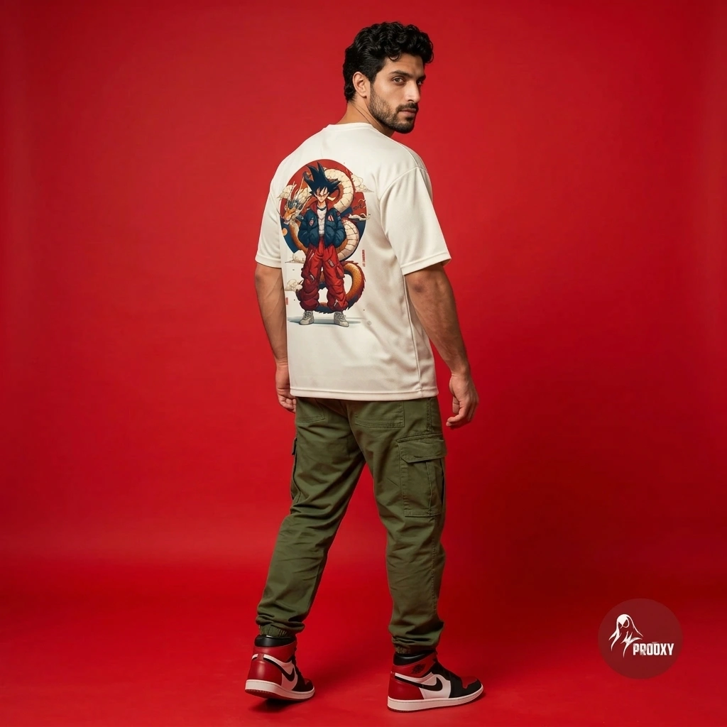 Saiyan Legacy Dragon & Goku Oversized Cream T-Shirt Streetwear Anime Graphic Tee