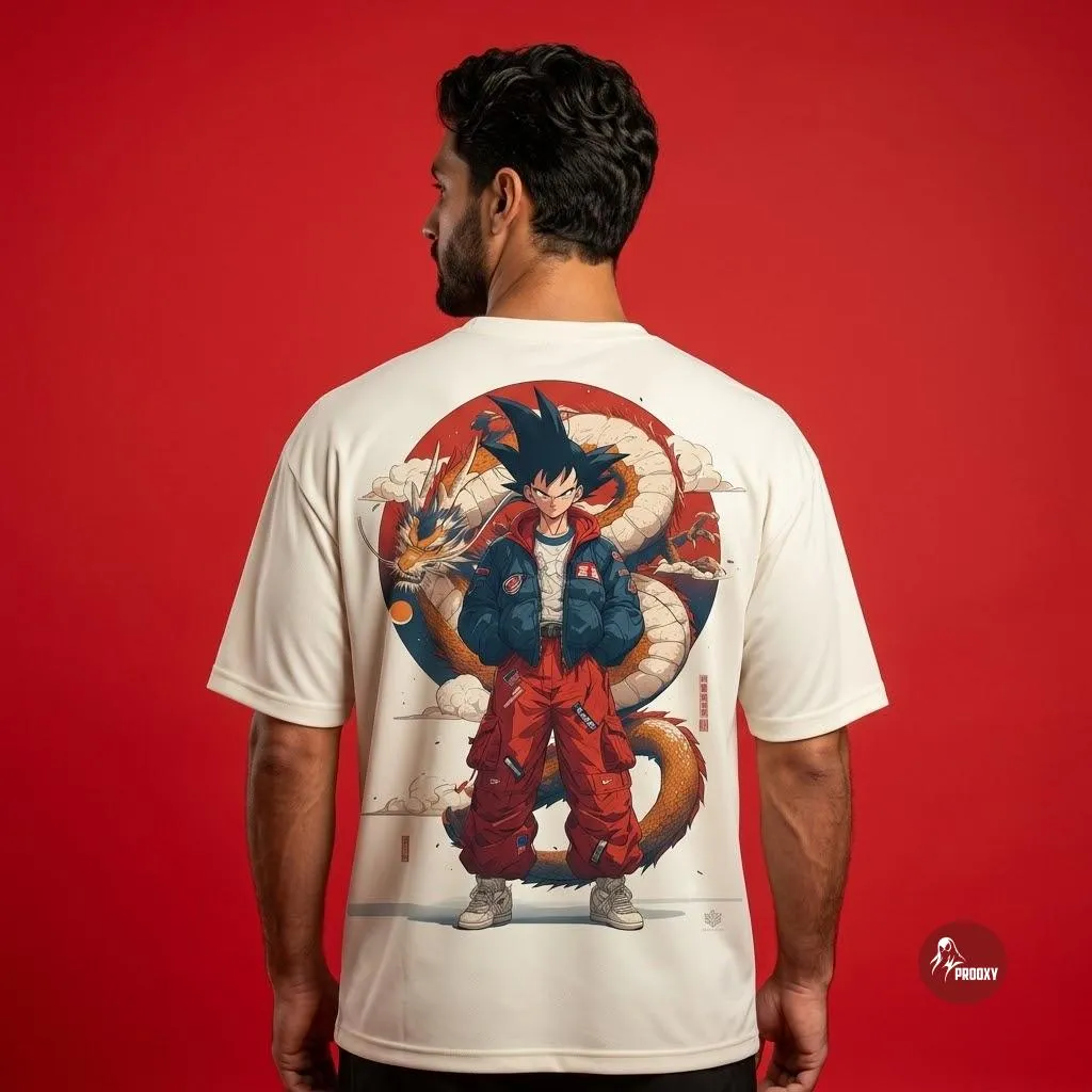 Saiyan Legacy Dragon & Goku Oversized Cream T-Shirt Streetwear Anime Graphic Tee