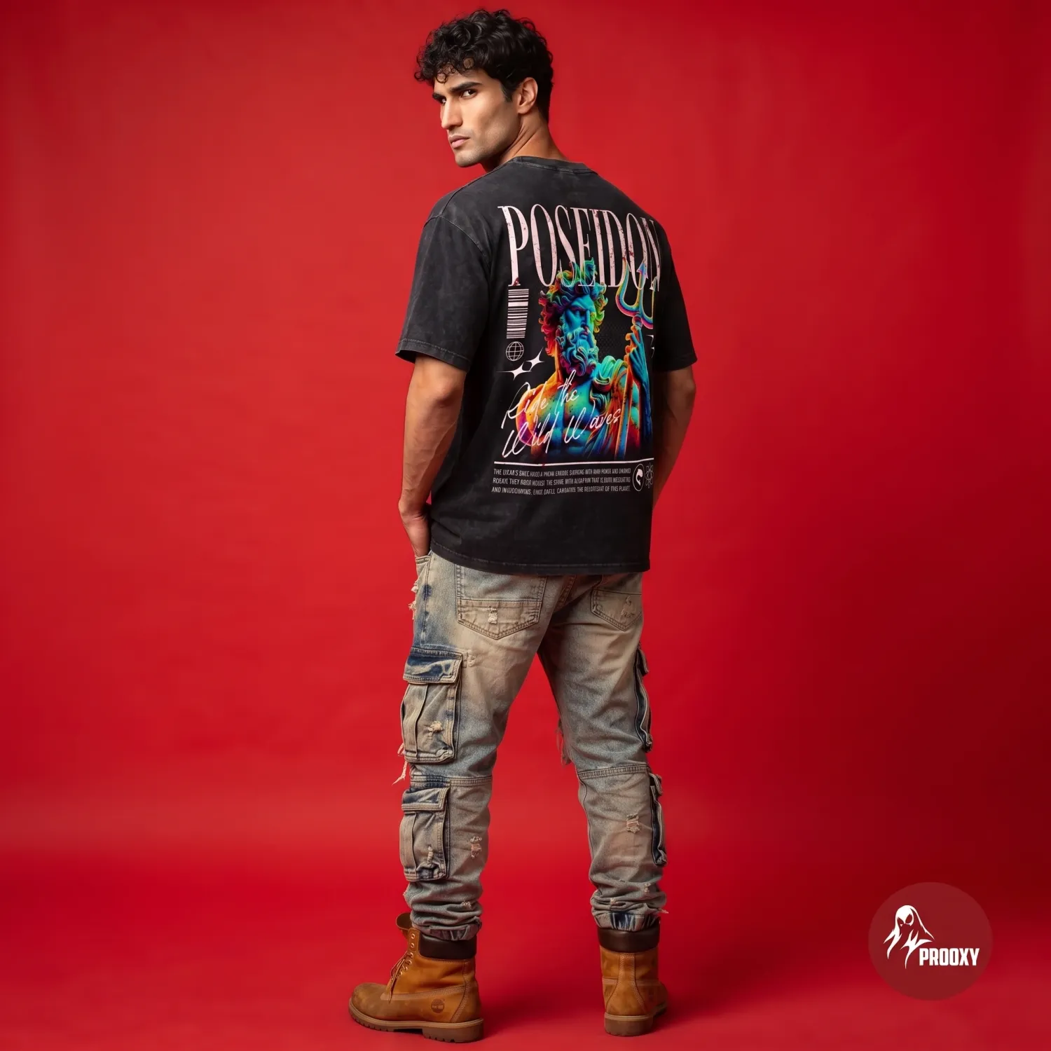 Poseidon Acid Wash Oversized Graphic Printed Men's T-Shirt