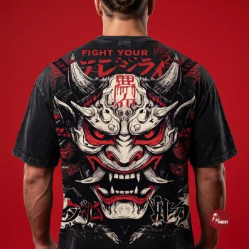 Fight Your Demons Acid Wash Oversized Graphic Printed Men's T-Shirt