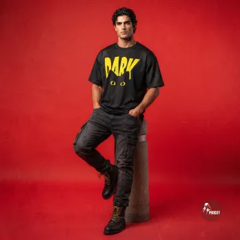 Dark Cat Yellow Graphic Black Oversized Men's T-Shirt