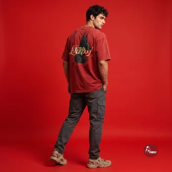Loverboy Doberman Graphic Acid Washed Oversized Tee in Vintage Red