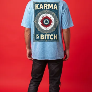 PROOXY "KARMA IS BITCH" All-Seeing Eye Oversized Acid-Wash Tee in Blue
