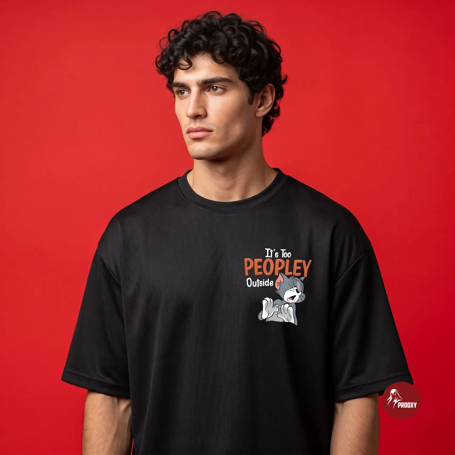 It's Too Peopley Outside Oversized Black T-Shirt with Tom Graphic