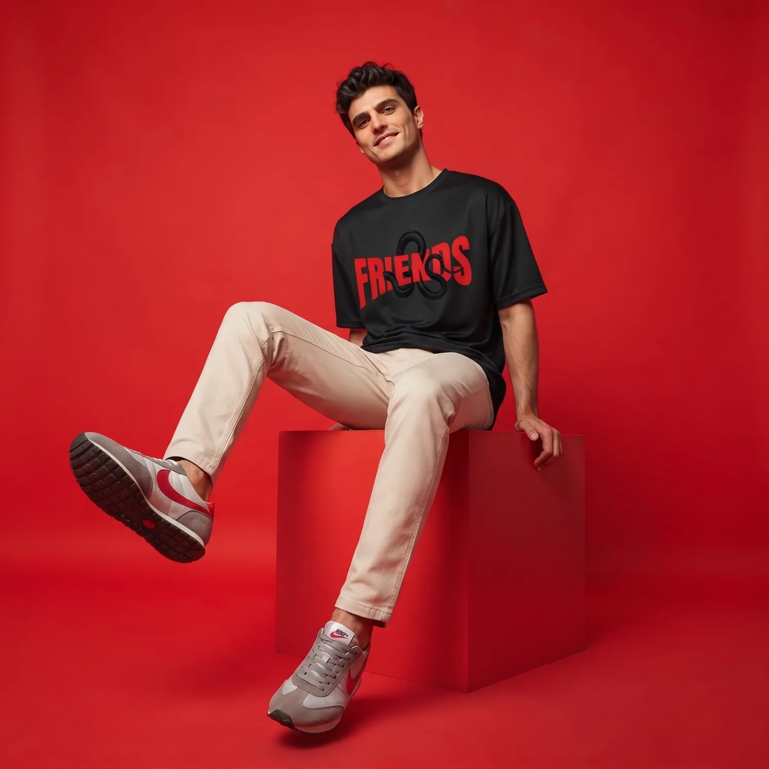 Venomous Friends Oversized Black T-Shirt with Red Graphic Print