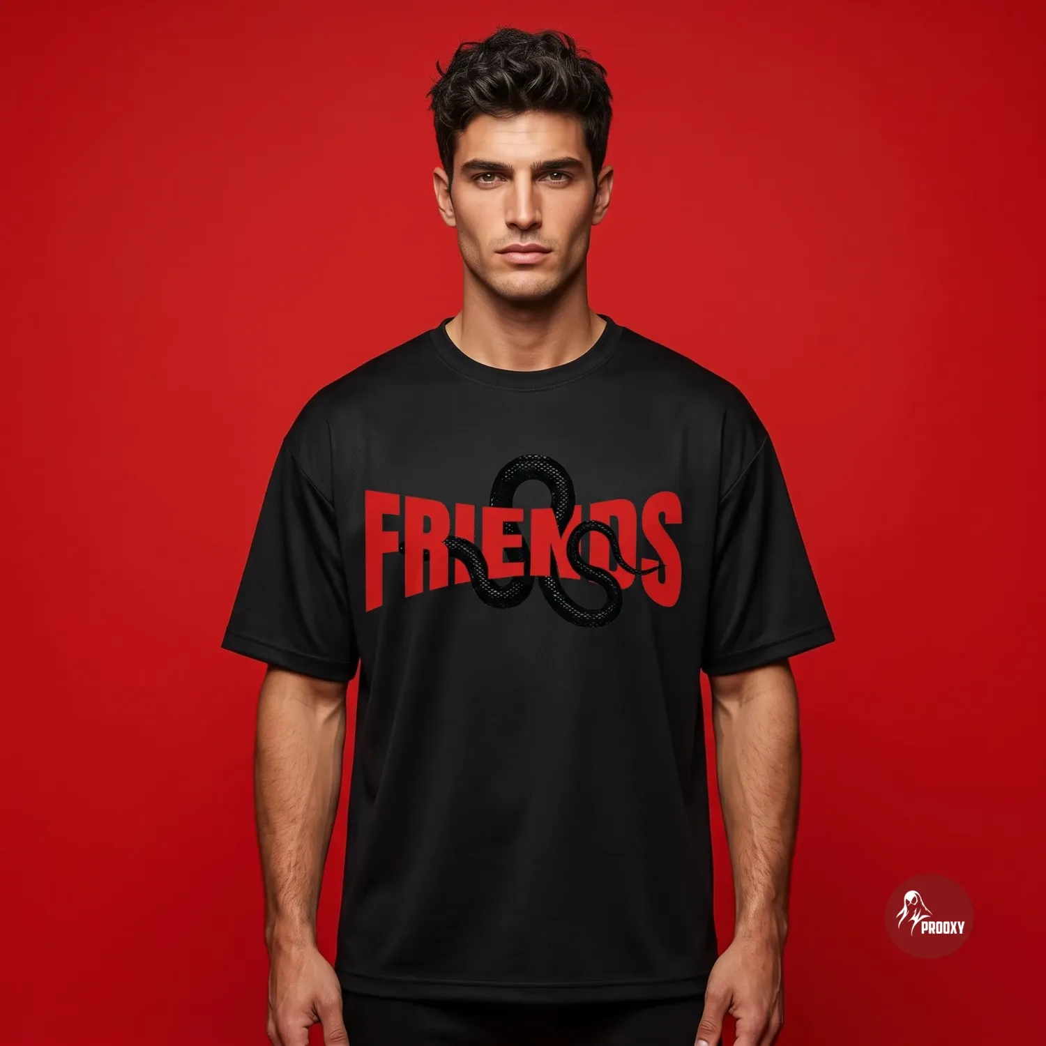 Venomous Friends Oversized Black T-Shirt with Red Graphic Print
