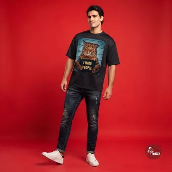 I Hate People Cat Mugshot Graphic Oversized Black T-Shirt