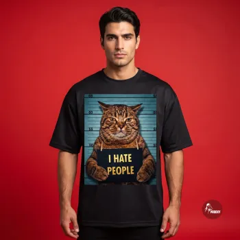 I Hate People Cat Mugshot Graphic Oversized Black T-Shirt