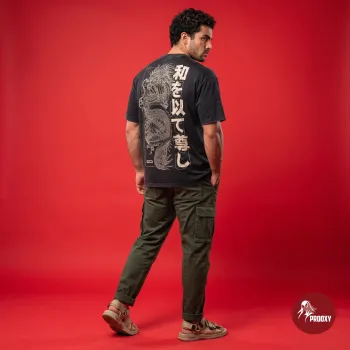 PROOXY East Asian Dragon Faded Wash Oversized T-Shirt in Charcoal Black