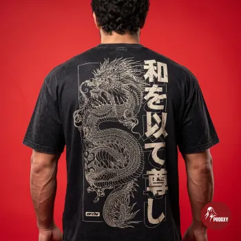 PROOXY East Asian Dragon Faded Wash Oversized T-Shirt in Charcoal Black