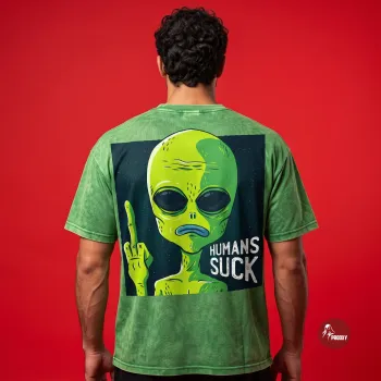 PROOXY "Humans Suck" Mineral-Wash Oversized Alien Graphic T-Shirt