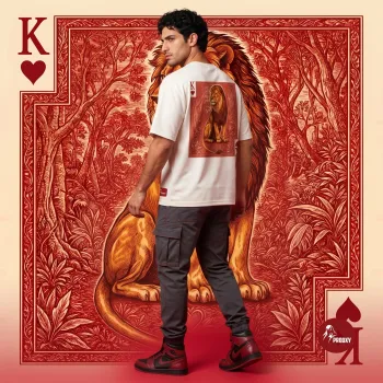 KING OF HEARTS – Lion Throne Oversized Men's T-Shirt (Off-White/Red)